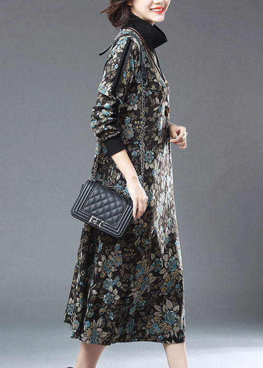 Women Blue Turtleneck Print Patchwork Warm Fleece Long Dresses Fall