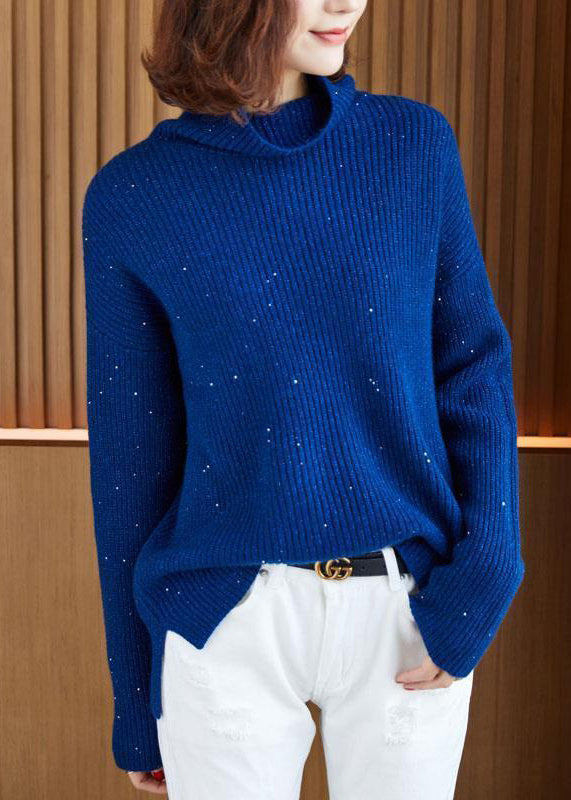 Women Blue Turtleneck Side Open Cotton Knit Sweaters Long Sleeve