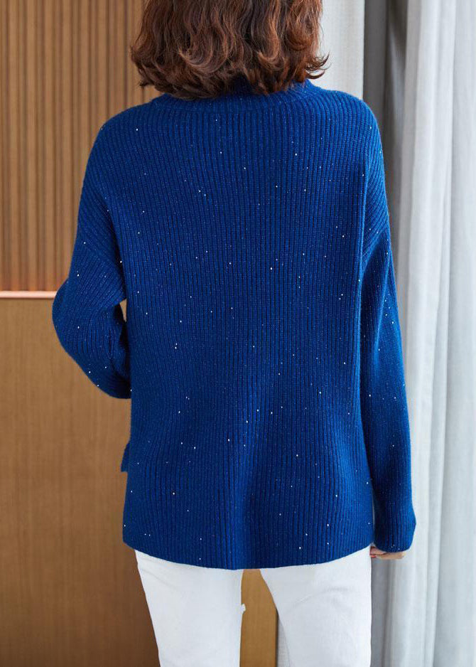 Women Blue Turtleneck Side Open Cotton Knit Sweaters Long Sleeve