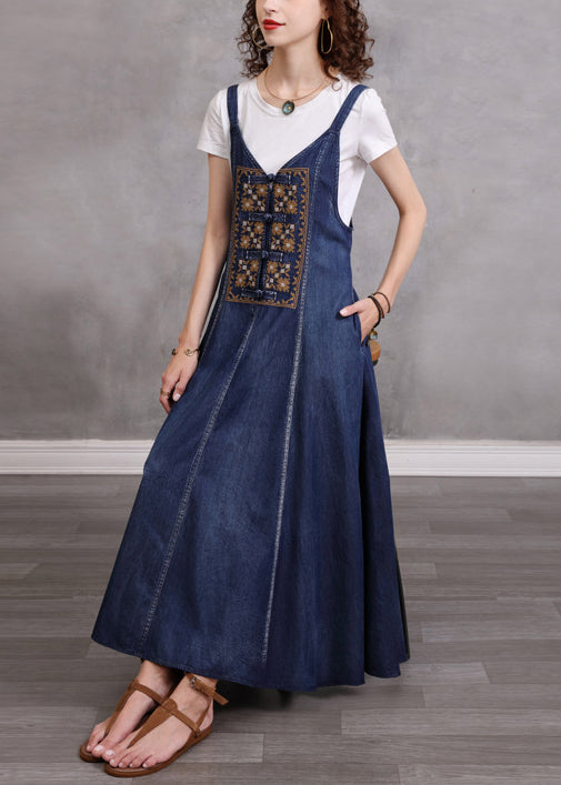 Women Blue V Neck Embroideried Spaghetti Strap Cotton Long Dress Sleeveless