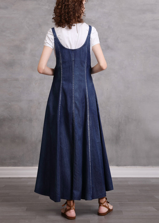 Women Blue V Neck Embroideried Spaghetti Strap Cotton Long Dress Sleeveless