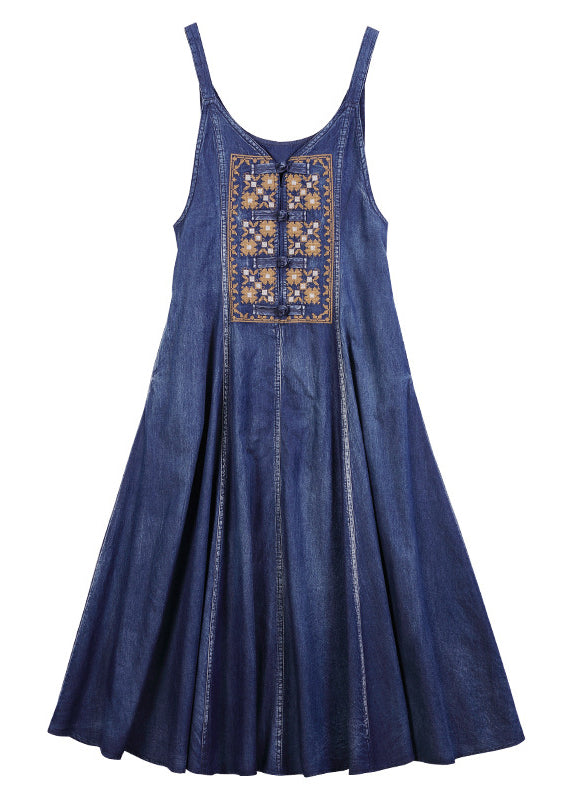 Women Blue V Neck Embroideried Spaghetti Strap Cotton Long Dress Sleeveless