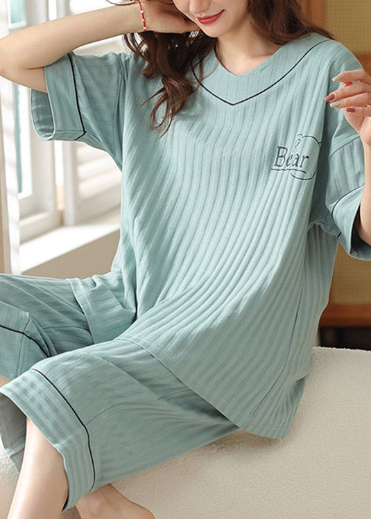 Women Blue V Neck Graphic Solid Cotton Pajamas Two Piece Set Short Sleeve