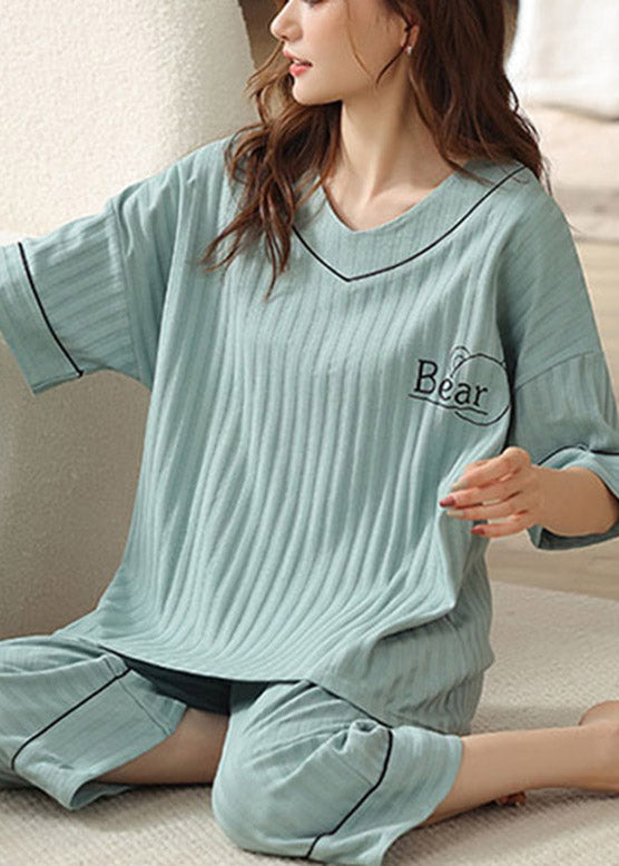 Women Blue V Neck Graphic Solid Cotton Pajamas Two Piece Set Short Sleeve