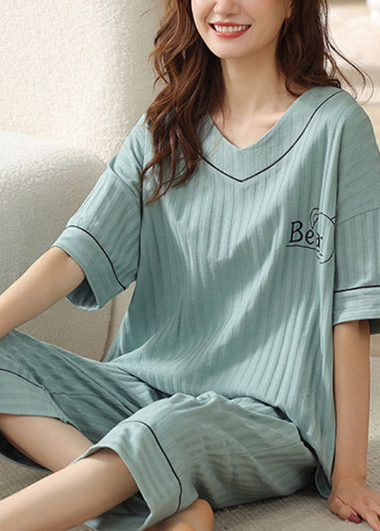 Women Blue V Neck Graphic Solid Cotton Pajamas Two Piece Set Short Sleeve