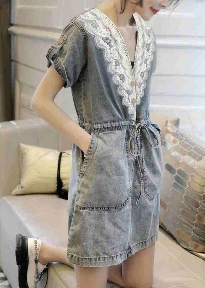 Women Blue V Neck Lace Patchwork Tie Waist Holiday Mid Dress Short Sleeve