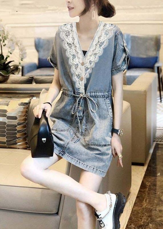 Women Blue V Neck Lace Patchwork Tie Waist Holiday Mid Dress Short Sleeve