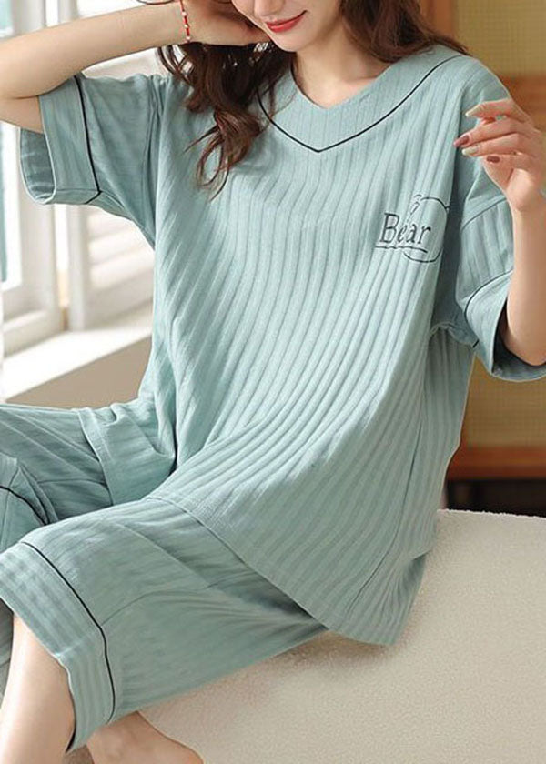 Women Blue V Neck Patchwork Cotton Pajamas Two Piece Set Summer