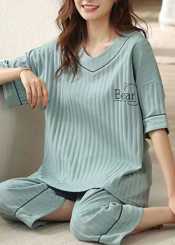 Women Blue V Neck Patchwork Cotton Pajamas Two Piece Set Summer