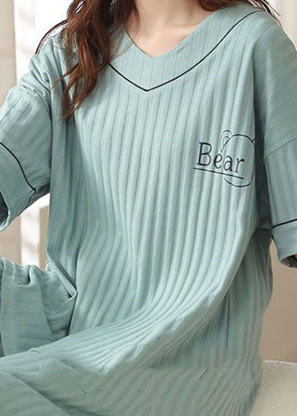 Women Blue V Neck Patchwork Cotton Pajamas Two Piece Set Summer