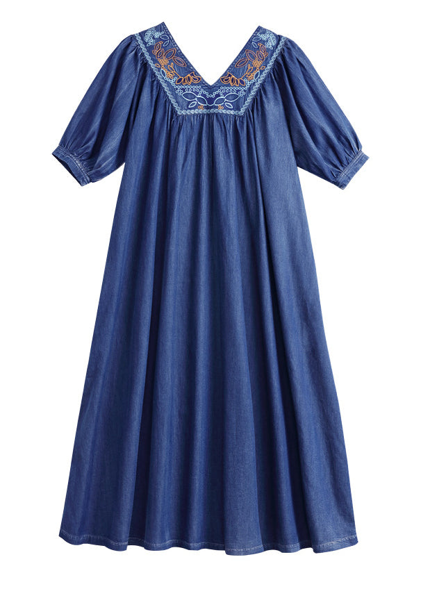 Women Blue V Neck wrinkled Embroideried Cotton Party Dress Half Sleeve