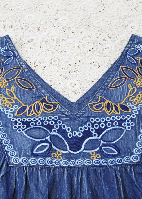 Women Blue V Neck wrinkled Embroideried Cotton Party Dress Half Sleeve