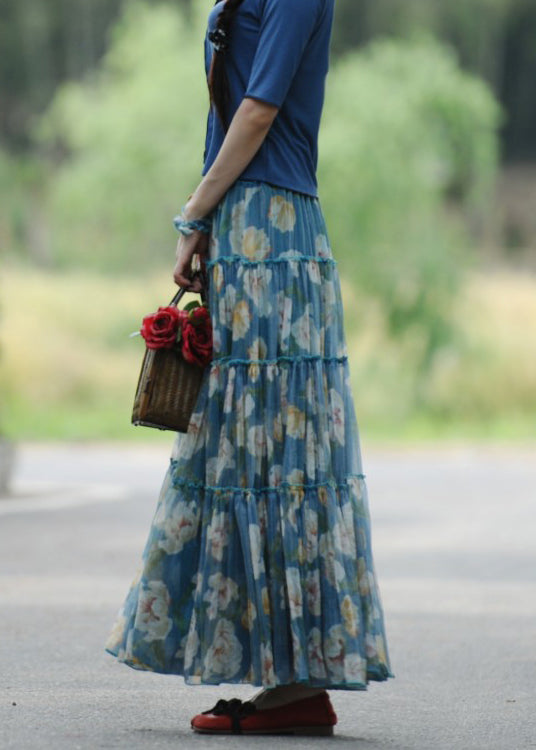 Women Blue Wrinkled Print Lace Up Exra Large Hem Silk Skirt Spring
