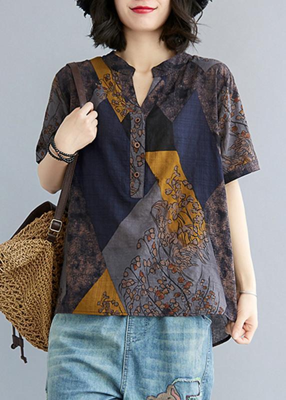 Women Blue Yellow V Neck Cotton Linen Blouse Tops Summer - Omychic