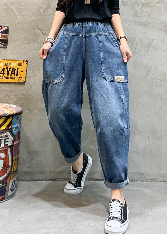 Women Blue elastic waist Pockets Denim Pants Spring