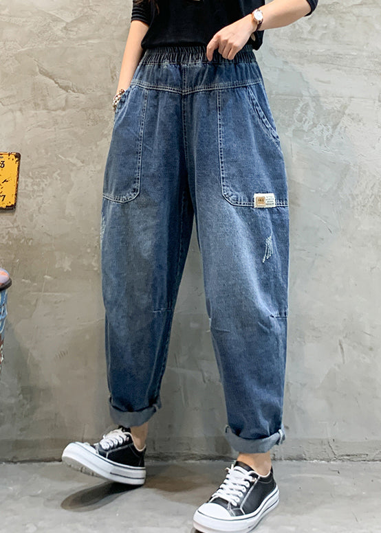 Women Blue elastic waist Pockets Denim Pants Spring