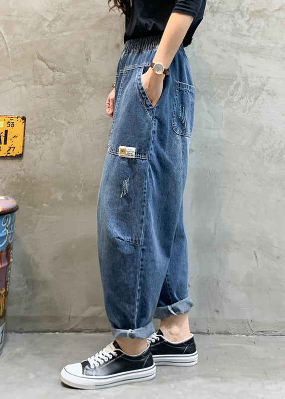 Women Blue elastic waist Pockets Denim Pants Spring