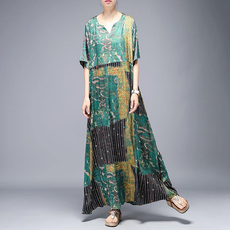 Women Boho Vintage Loose green Elegant cotton V-Neck clothes For Irregular Print Dress - Omychic