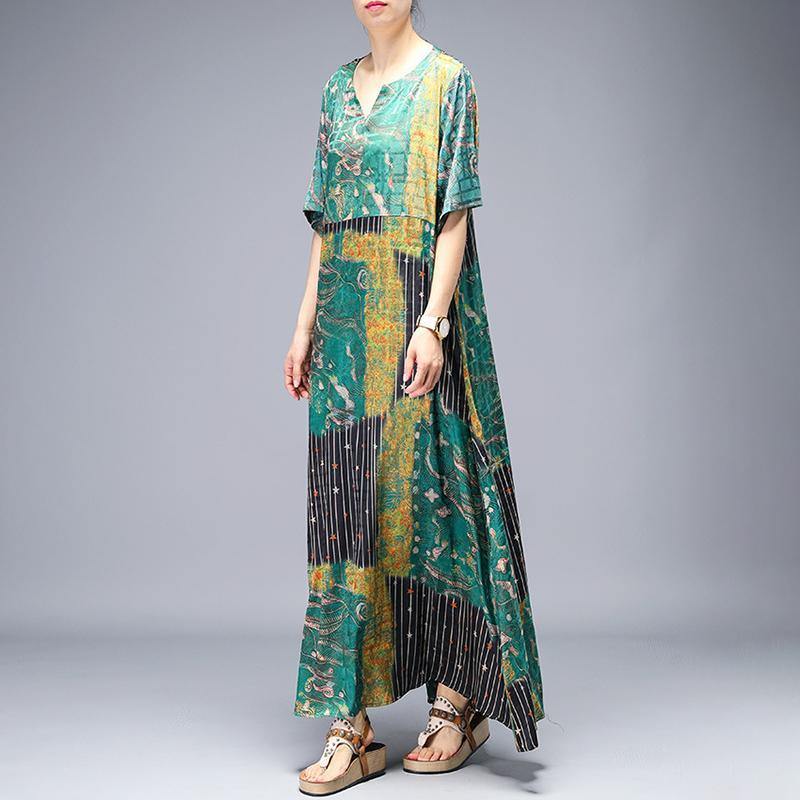 Women Boho Vintage Loose green Elegant cotton V-Neck clothes For Irregular Print Dress - Omychic