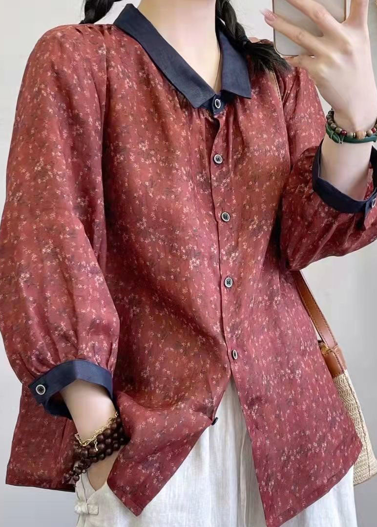 Women Brick Red Peter Pan Collar Print Linen Shirt Tops Summer