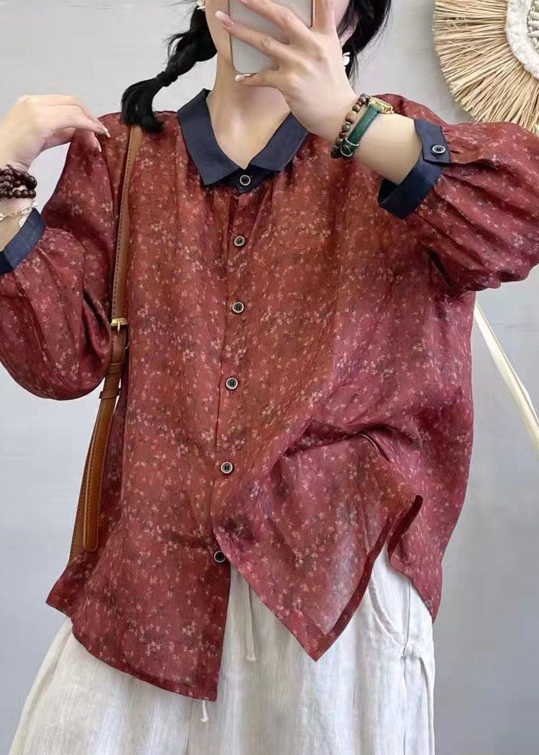 Women Brick Red Peter Pan Collar Print Linen Shirt Tops Summer