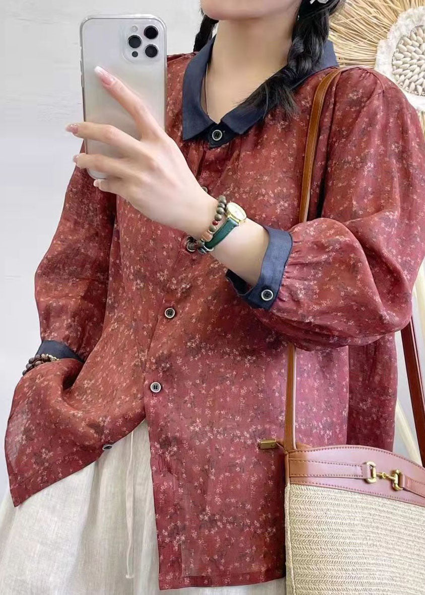 Women Brick Red Peter Pan Collar Print Linen Shirt Tops Summer