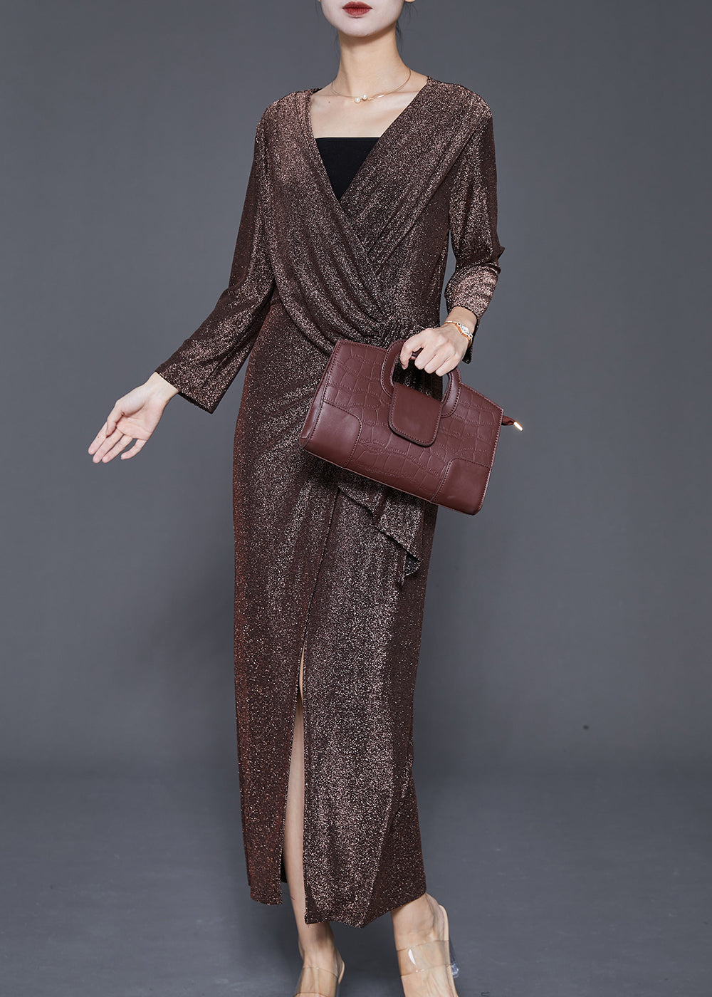 Women Brown Asymmetrical Side Open Silk Velour Dresses Fall