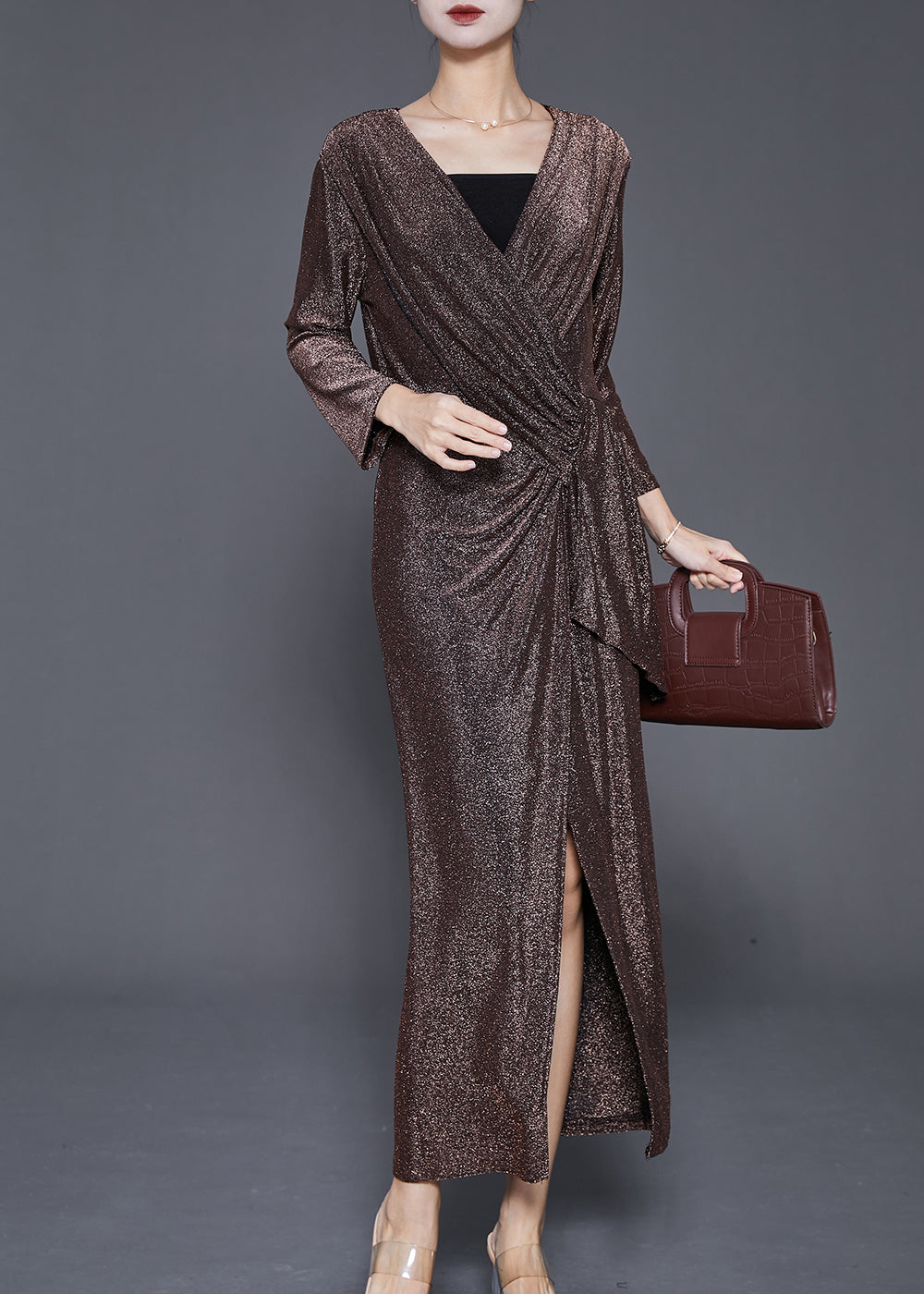 Women Brown Asymmetrical Side Open Silk Velour Dresses Fall