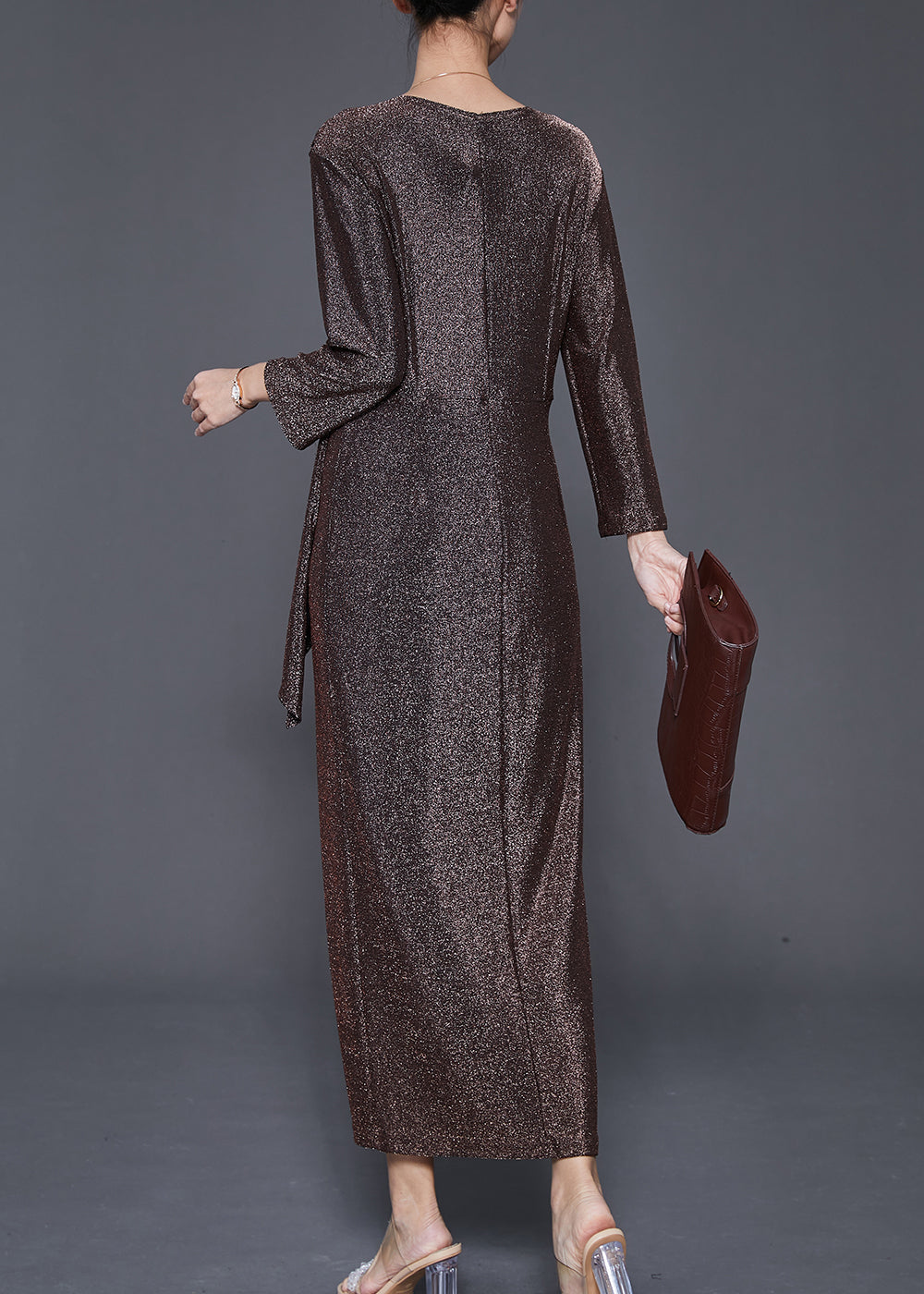 Women Brown Asymmetrical Side Open Silk Velour Dresses Fall