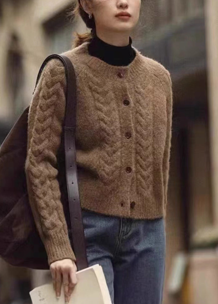 Women Brown Button Patchwork Warm Knit Coats Fall