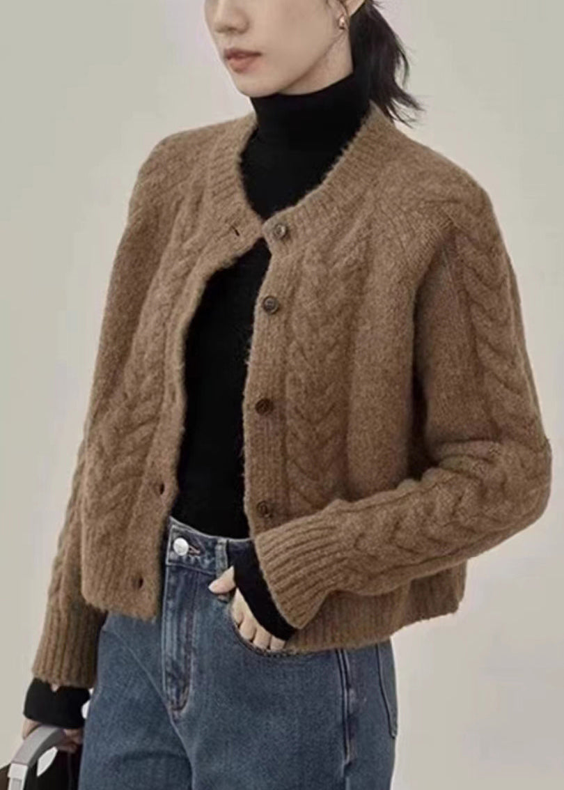 Women Brown Button Patchwork Warm Knit Coats Fall