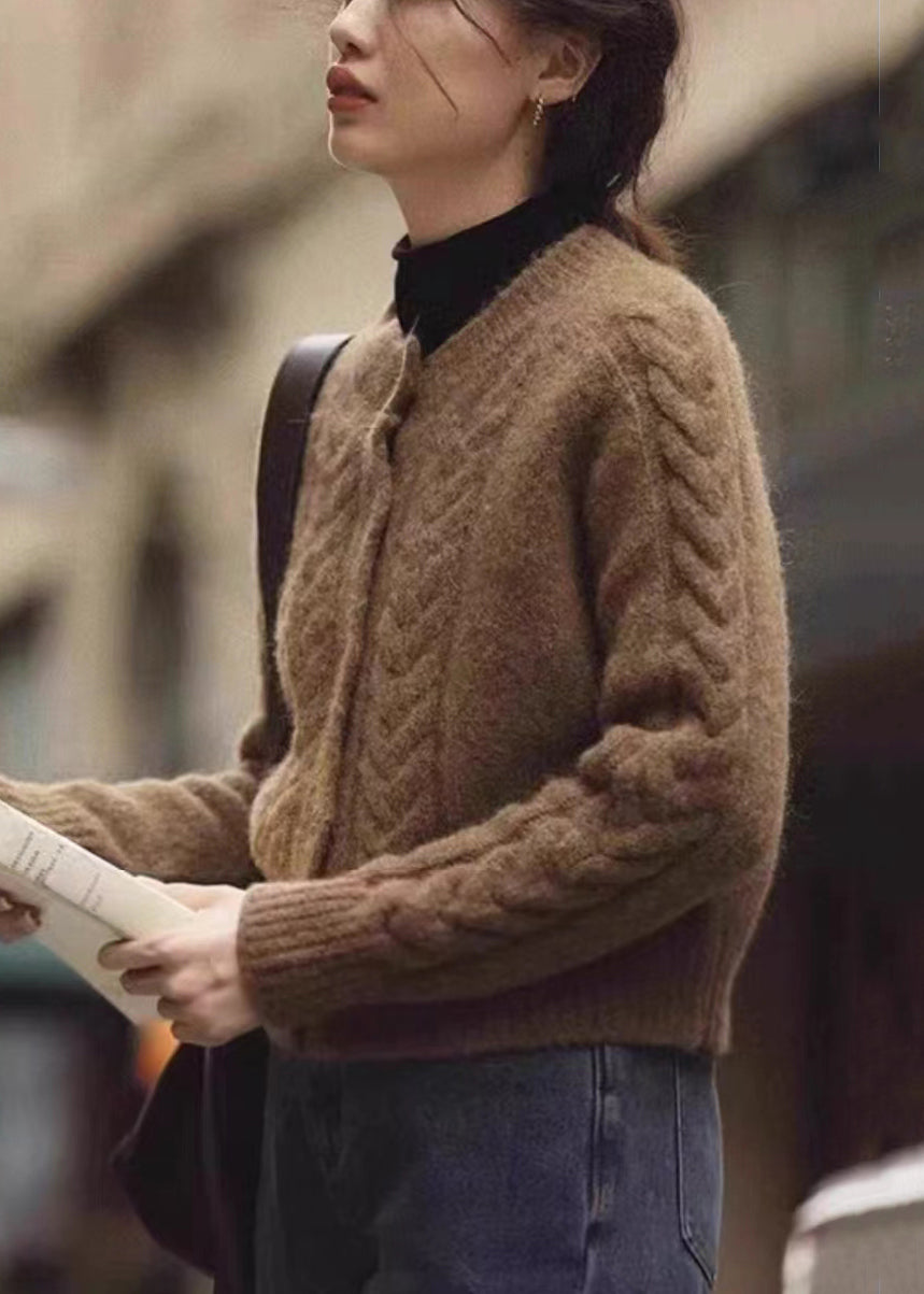 Women Brown Button Patchwork Warm Knit Coats Fall