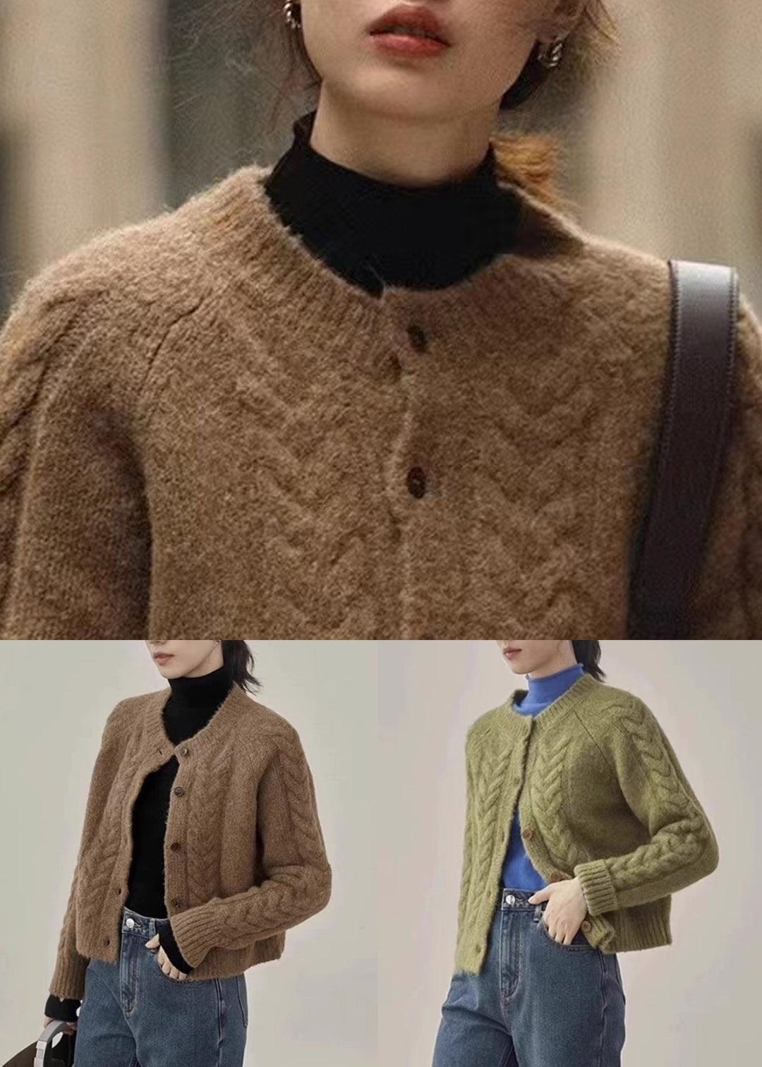 Women Brown Button Patchwork Warm Knit Coats Fall