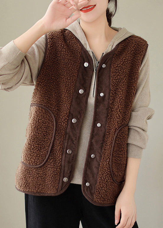 Women Brown Button Pockets Teddy Faux Fur Waistcoat Sleeveless