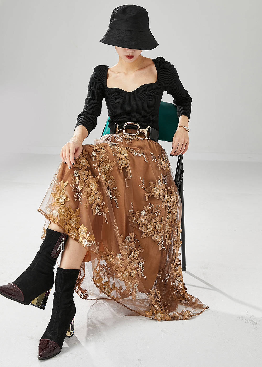 Women Brown Elastic Waist Embroideried Tulle Skirts Fall