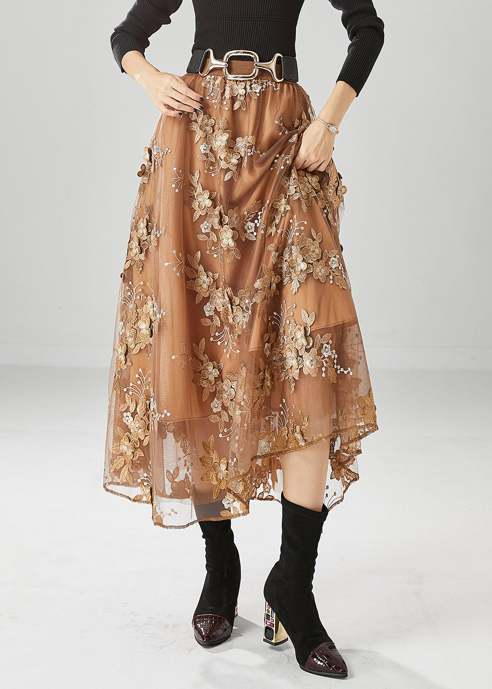 Women Brown Elastic Waist Embroideried Tulle Skirts Fall