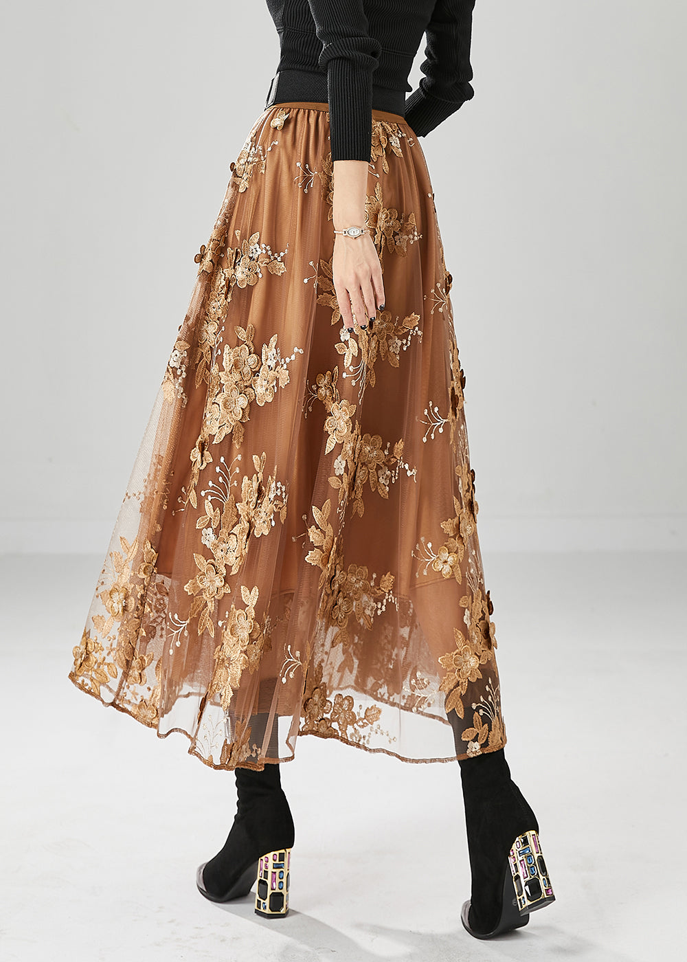 Women Brown Elastic Waist Embroideried Tulle Skirts Fall