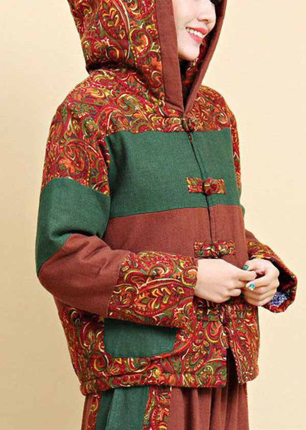 Women Brown Hooded Pockets Patchwork Fine Cotton Filled Parkaer Winter