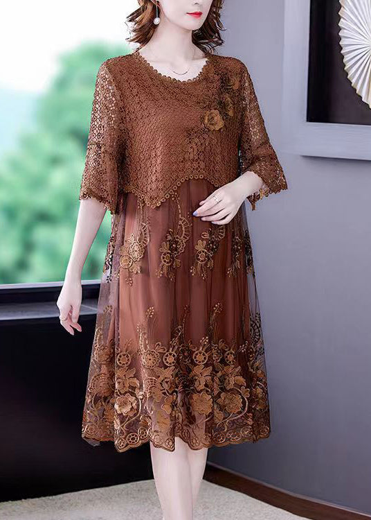 Women Brown O-Neck Embroideried Lace Vacation Dresses Half Sleeve