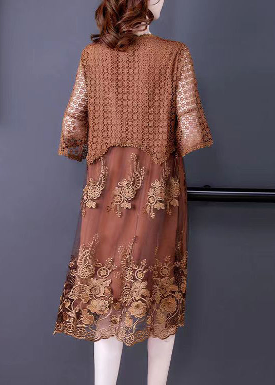 Women Brown O-Neck Embroideried Lace Vacation Dresses Half Sleeve