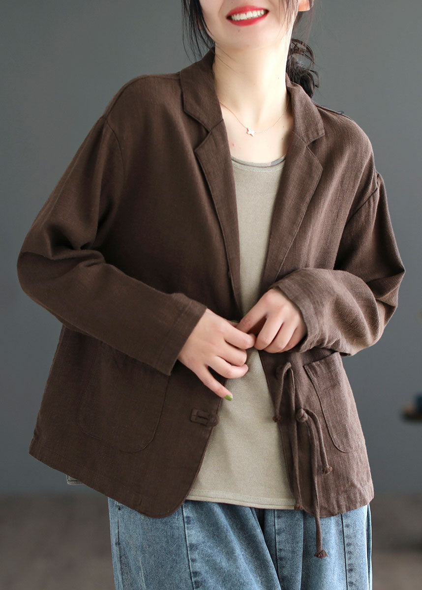 Women Brown Tasseled Button Pockets Patchwork Linen Coats Fall