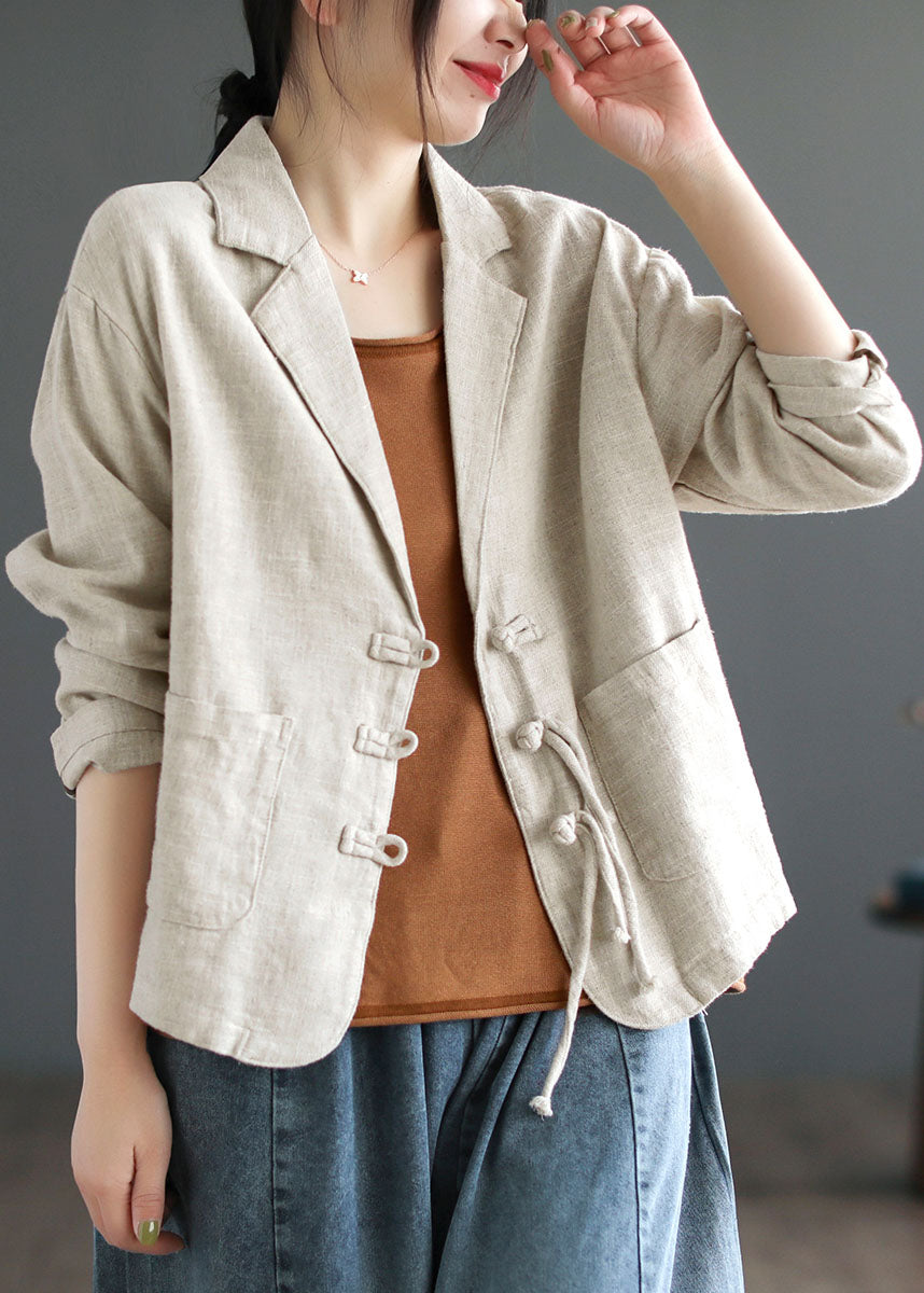 Women Brown Tasseled Button Pockets Patchwork Linen Coats Fall