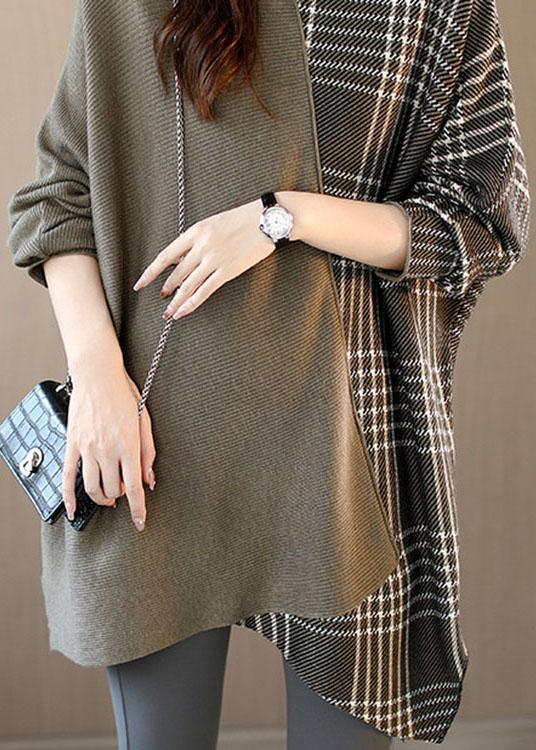 Women Brown Turtleneck Patchwork Plaid Casual Fall Sweater - Omychic