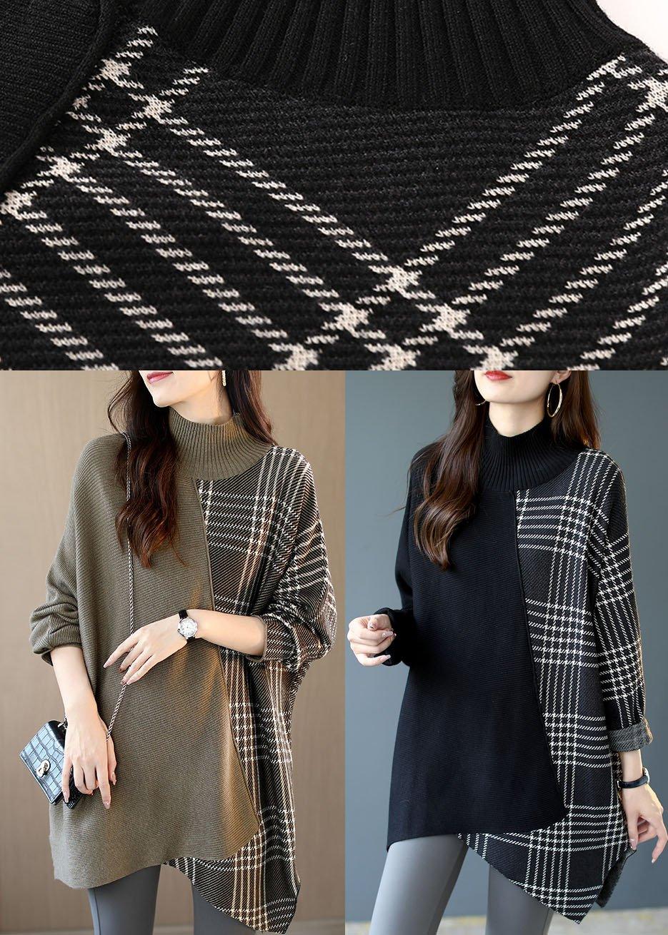 Women Brown Turtleneck Patchwork Plaid Casual Fall Sweater - Omychic