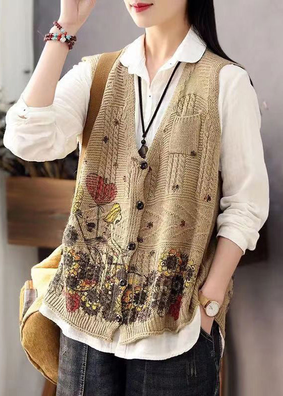 Women Brown V Neck Print Button Cotton Knit Waistcoat Sleeveless