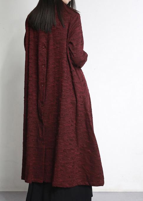 Women Burgundy Jacquard Plus Size Clothes Large Hem Outwear - Omychic