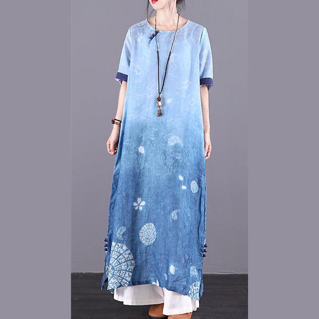 Women Button Down pockets linen Robes light blue Dress summer - Omychic