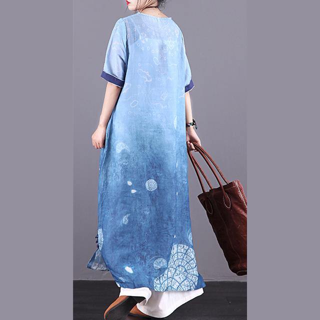 Women Button Down pockets linen Robes light blue Dress summer - Omychic