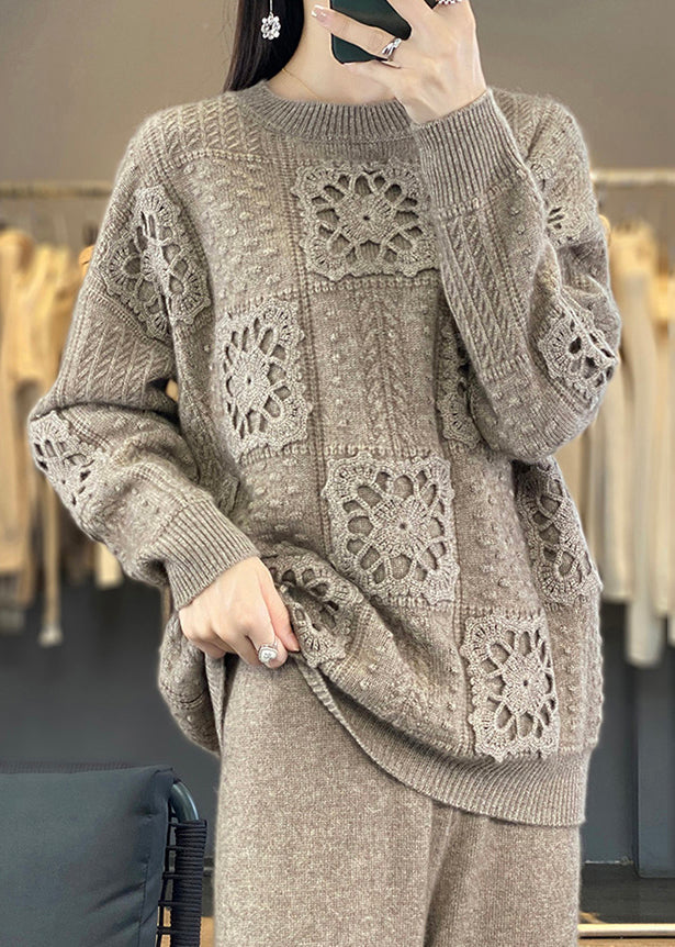 Women Camel O Neck Hollow Out Patchwork Wool Top Long Sleeve