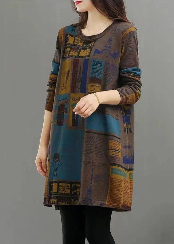 Women Camel O Neck Print Patchwork Warm Fleece Mid Dress Winter